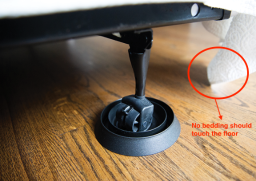 Bed beg interceptor installed under bed leg Bed beg interceptor installed under bed leg
