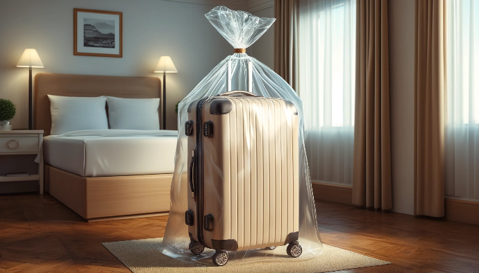Suitcase inside plastic bag to protect from bed bugs Suitcase inside plastic bag to protect from bed bugs